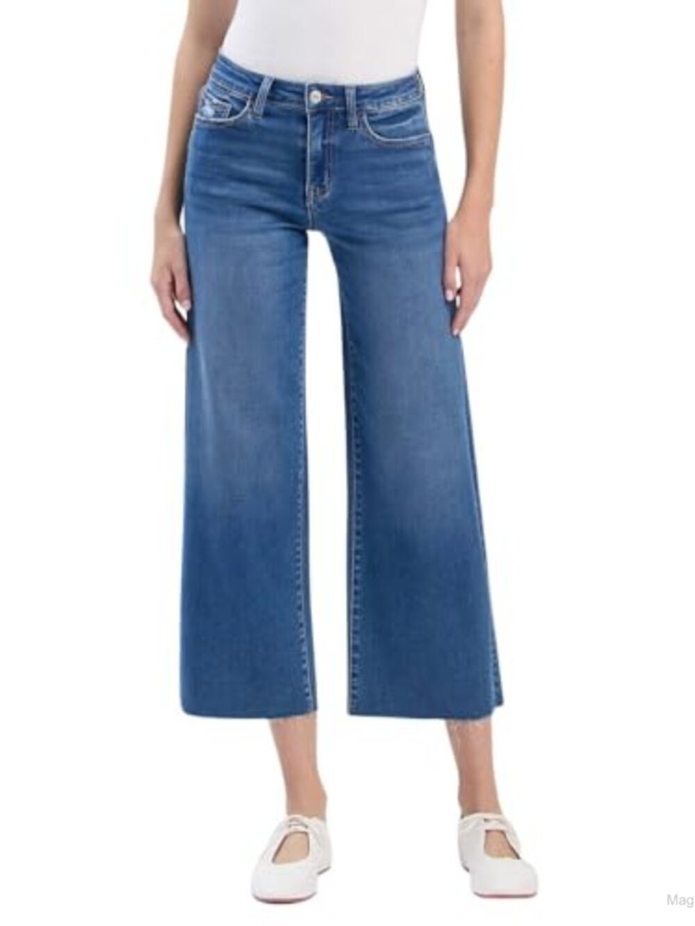 High Rise Slim Wide Leg Cropped Jeans Frayed Hems Comfort Stretch Denim